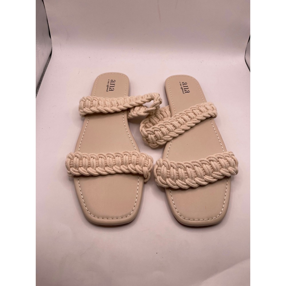 ANA A New Approach Cream Braided Rope Slide Sandals Square Toe Flat Beige 11